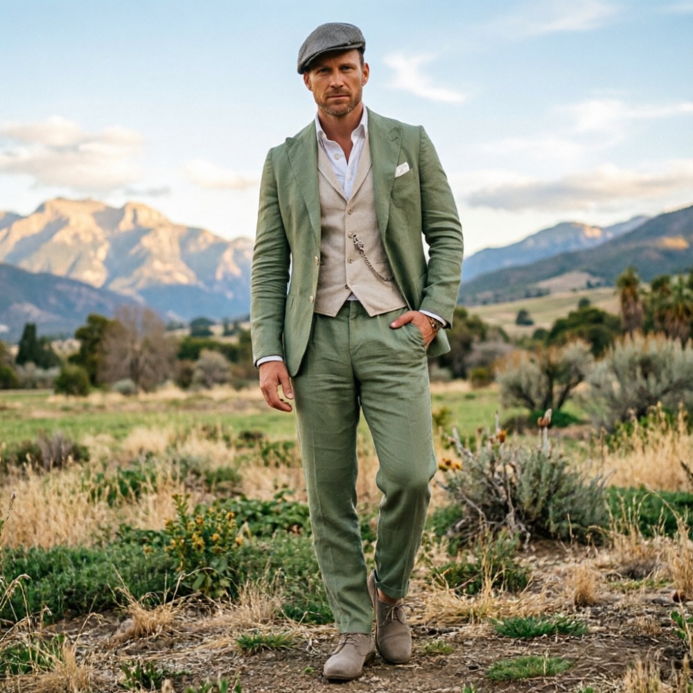 Men Formal Wear Green - Terno Masculino de Linho Verde Sálvia